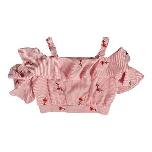 Striped Ruffle Off-Shoulder Top with Floral Embroidery